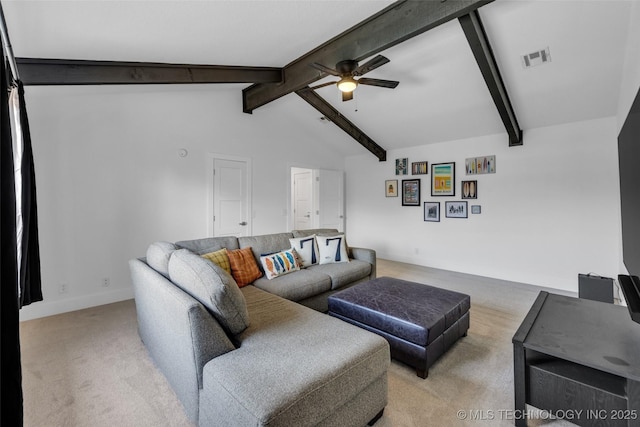 carpeted living room with ceiling fan and vaulted ceiling with beams