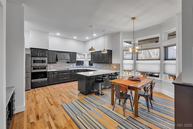 kitchen featuring backsplash, stainless steel appliances, a kitchen bar, decorative light fixtures, and kitchen peninsula