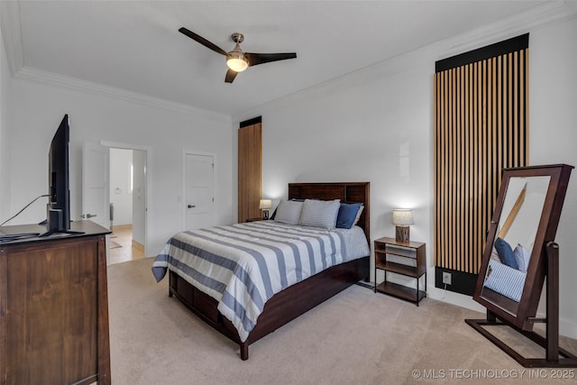 bedroom with ceiling fan, light colored carpet, and ornamental molding