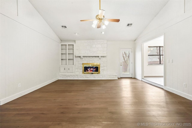 unfurnished living room featuring a fireplace, dark wood-type flooring, vaulted ceiling, and ceiling fan