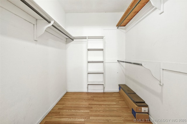 walk in closet with light hardwood / wood-style flooring