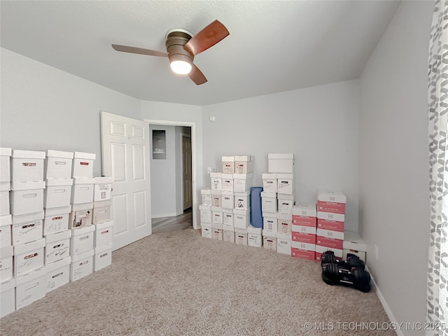 carpeted bedroom featuring ceiling fan