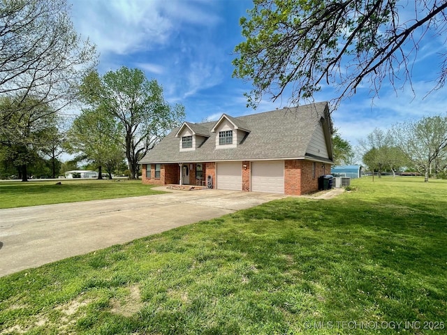 17121 E 120th St, Collinsville, OK 74021 - new england style home with brick siding, a garage, driveway, a front lawn, and central AC