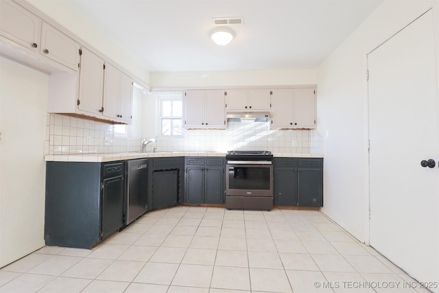 kitchen featuring stainless steel appliances, white cabinetry, sink, and decorative backsplash