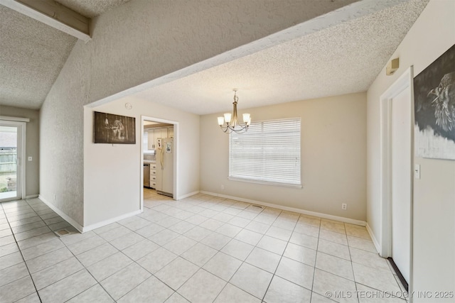 interior space with vaulted ceiling with beams, light tile patterned floors, a textured ceiling, and a chandelier