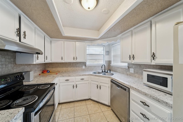 kitchen featuring appliances with stainless steel finishes, a tray ceiling, sink, and white cabinets