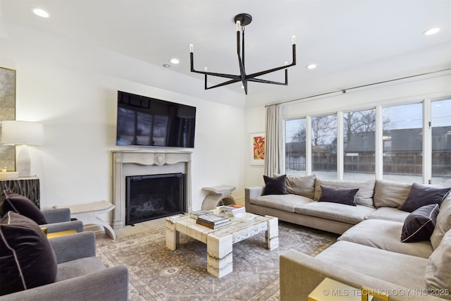 living room with a fireplace