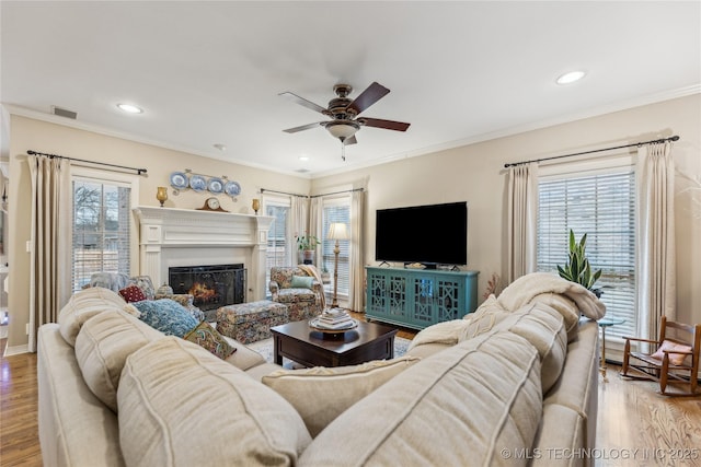 living room featuring crown molding, a wealth of natural light, and light hardwood / wood-style flooring