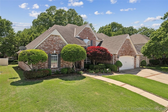 front facade with a garage and a front lawn