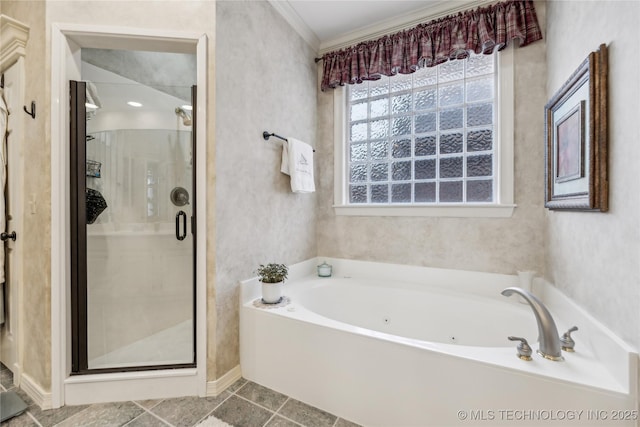 bathroom featuring tile patterned flooring, plus walk in shower, and ornamental molding