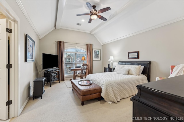 bedroom with lofted ceiling with beams, crown molding, light colored carpet, and ceiling fan