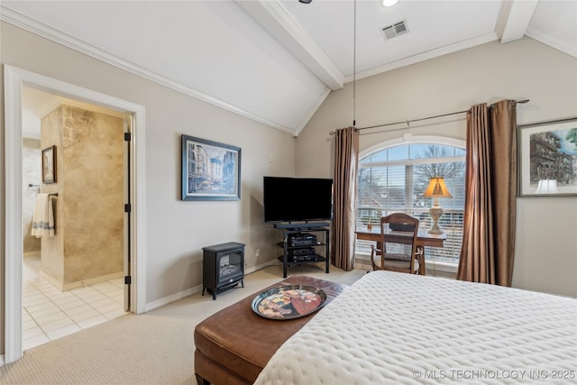 bedroom with ensuite bathroom, lofted ceiling with beams, carpet floors, a wood stove, and crown molding