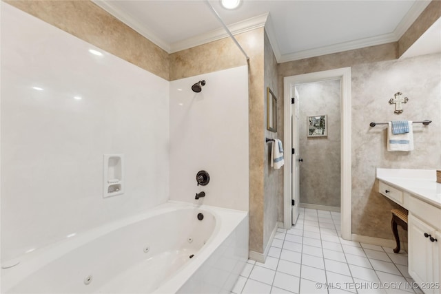 bathroom featuring tile patterned flooring, vanity, ornamental molding, and shower / bath combination