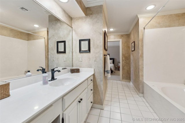 bathroom with vanity, crown molding, tile patterned floors, and independent shower and bath