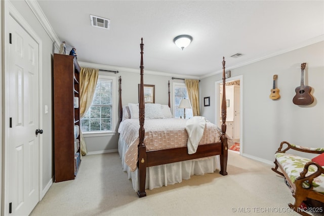 carpeted bedroom featuring crown molding