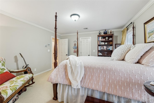 bedroom featuring ornamental molding, a closet, and carpet