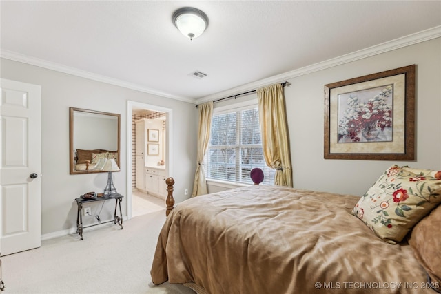 bedroom featuring light colored carpet, ensuite bath, and ornamental molding