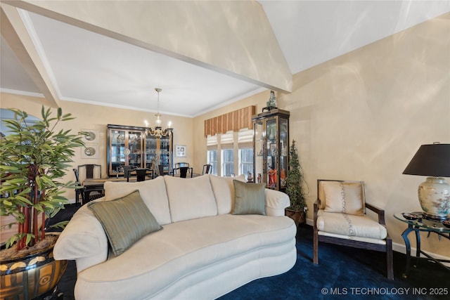 living room with a notable chandelier, crown molding, and carpet