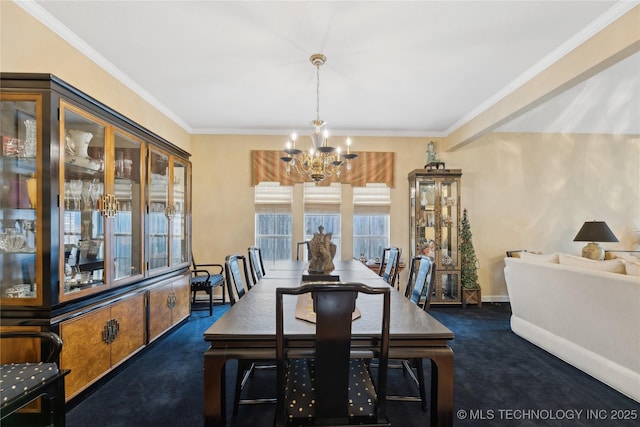 carpeted dining space with crown molding and an inviting chandelier