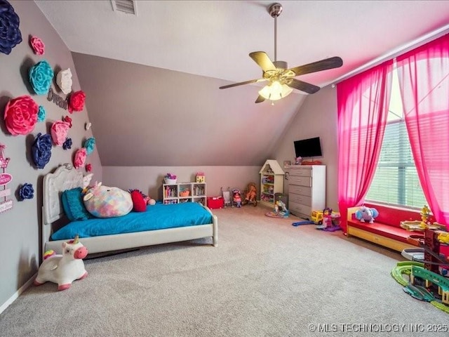 bedroom with carpet floors, ceiling fan, and vaulted ceiling