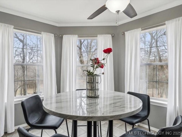 dining room featuring crown molding and ceiling fan