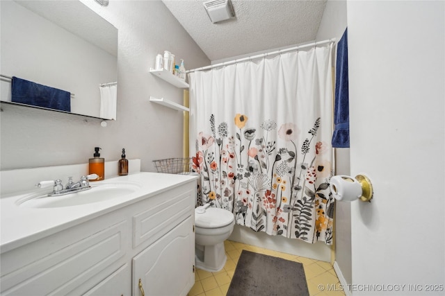 bathroom featuring vanity, a textured ceiling, curtained shower, tile patterned floors, and toilet