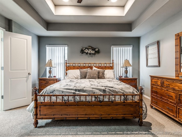 bedroom featuring carpet floors and a raised ceiling