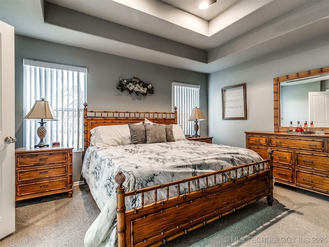 carpeted bedroom with a raised ceiling