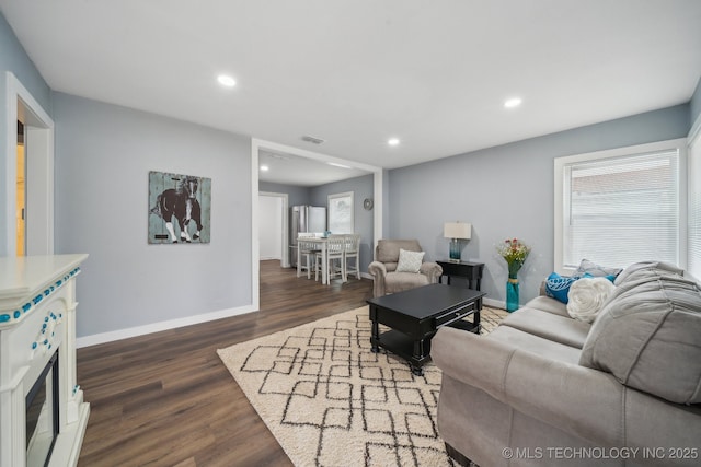 living room with dark hardwood / wood-style flooring