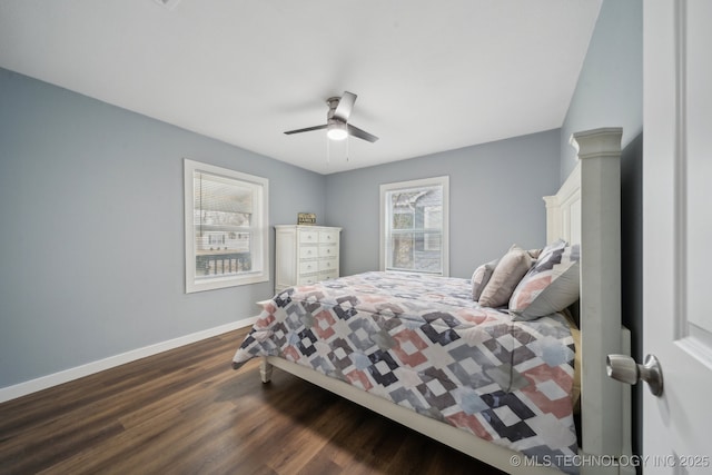 bedroom with hardwood / wood-style floors and ceiling fan