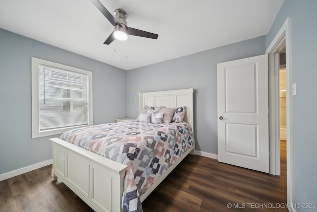 bedroom featuring dark hardwood / wood-style floors and ceiling fan