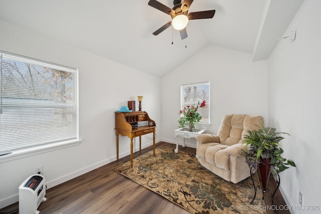 sitting room featuring ceiling fan, lofted ceiling, and dark hardwood / wood-style flooring