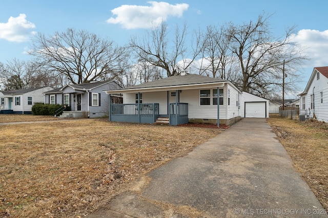 view of front facade with a porch, cooling unit, a garage, an outdoor structure, and a front lawn