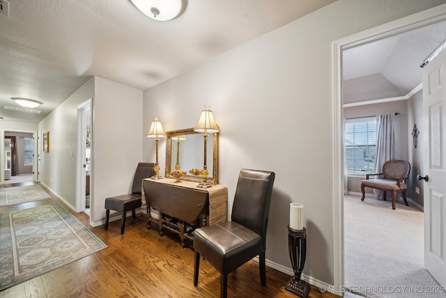 interior space featuring lofted ceiling and hardwood / wood-style flooring