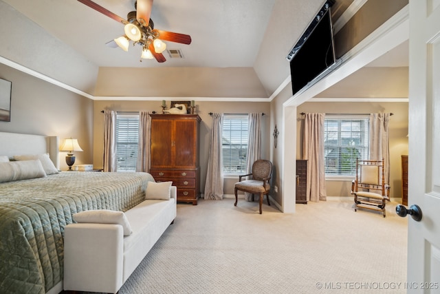 carpeted bedroom with multiple windows, lofted ceiling, and ceiling fan