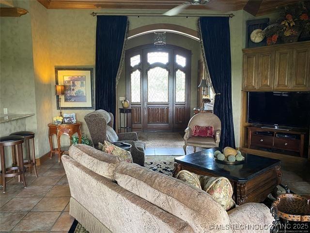 living room featuring light tile patterned floors