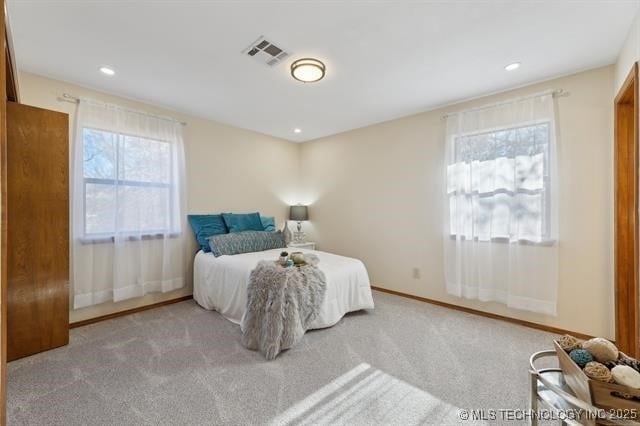 bedroom with light carpet