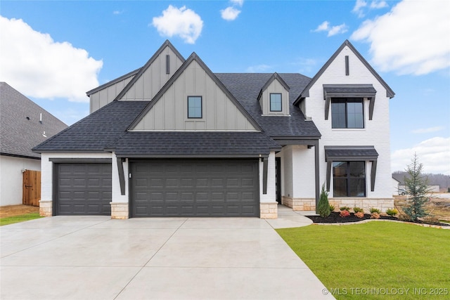 2078 E 136th Pl S, Bixby, OK 74008 - modern farmhouse style home featuring board and batten siding, roof with shingles, a front yard, driveway, and brick siding