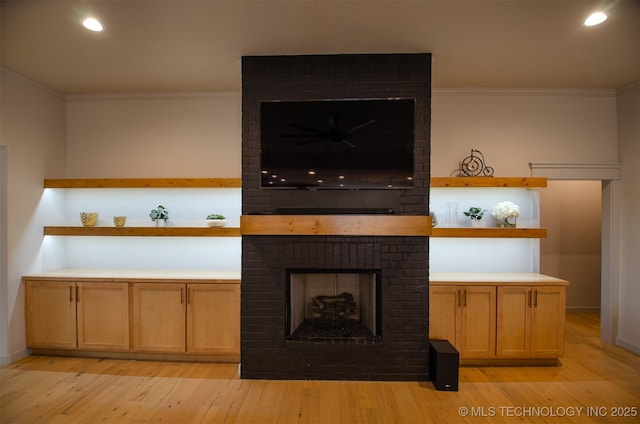 interior space featuring ornamental molding, a fireplace, and light hardwood / wood-style flooring