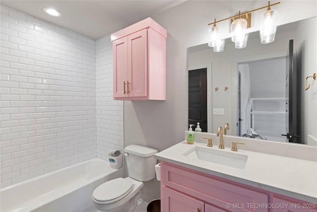 3748 E 116th St S, Tulsa, OK 74137 - bathroom featuring toilet, vanity, shower / washtub combination, and recessed lighting
