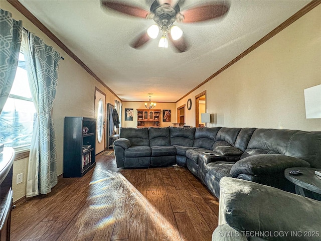 living room featuring crown molding, ceiling fan with notable chandelier, dark hardwood / wood-style floors, and a textured ceiling