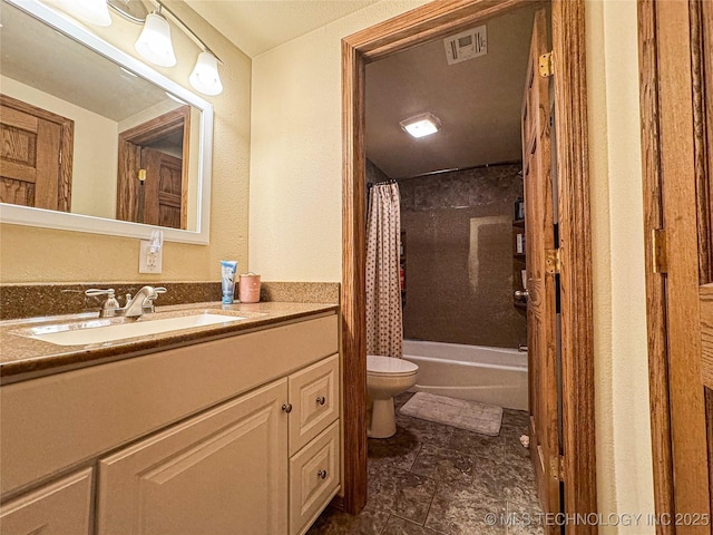 full bathroom featuring vanity, shower / tub combo with curtain, and toilet