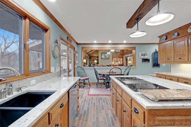 kitchen with pendant lighting, sink, ornamental molding, black electric cooktop, and stainless steel dishwasher