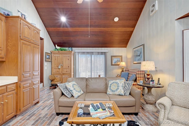 living room featuring lofted ceiling and wood ceiling