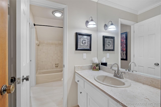 full bathroom with vanity, tiled shower / bath combo, ornamental molding, and toilet