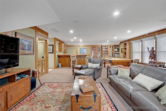 carpeted living room featuring billiards