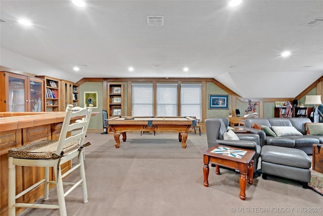 recreation room featuring light colored carpet, pool table, and vaulted ceiling