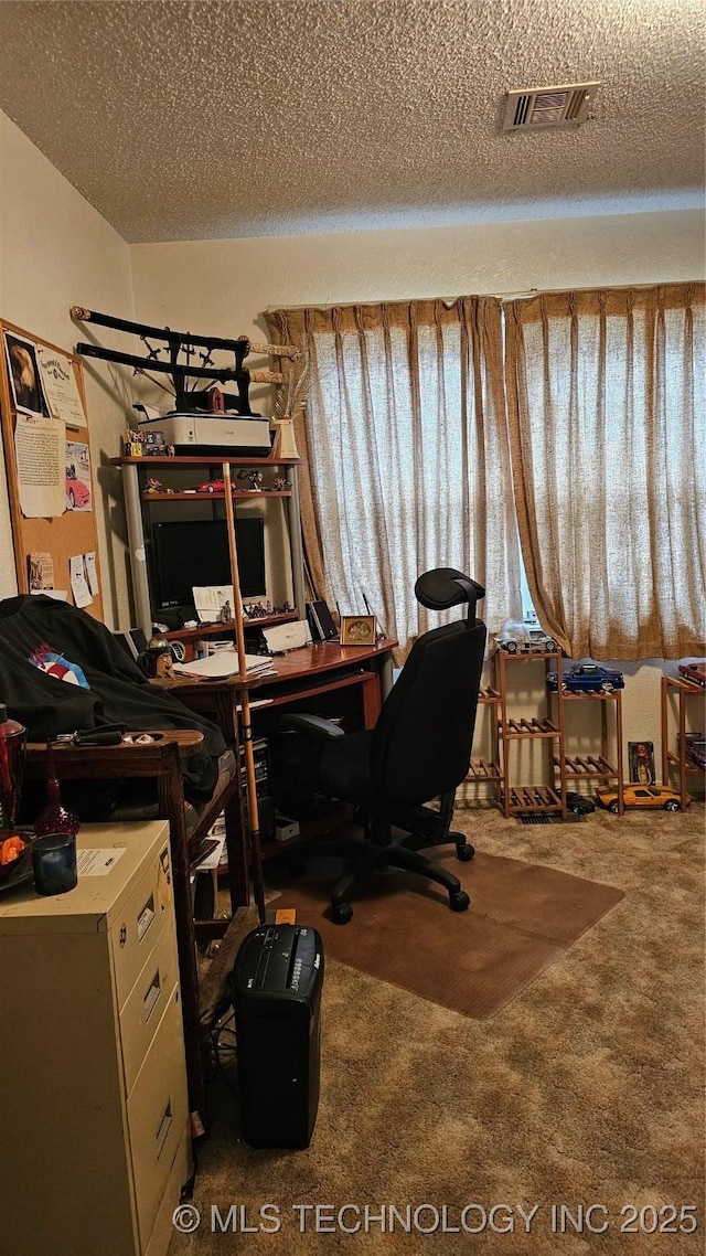 home office with a textured ceiling