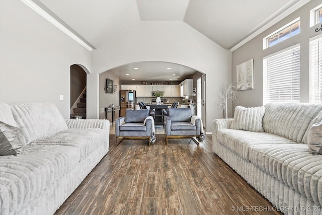 living room featuring dark wood-type flooring, plenty of natural light, and high vaulted ceiling