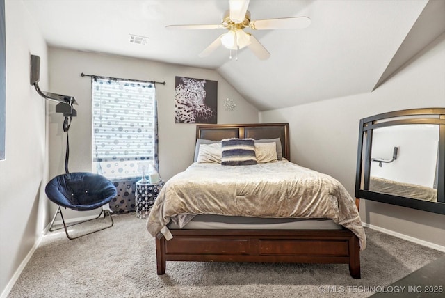 carpeted bedroom with lofted ceiling and ceiling fan